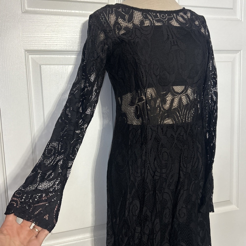 Lace Flowy Maxi Dress Mesh Whimsygoth Witchy Black Sheer Open Back Evening Wear